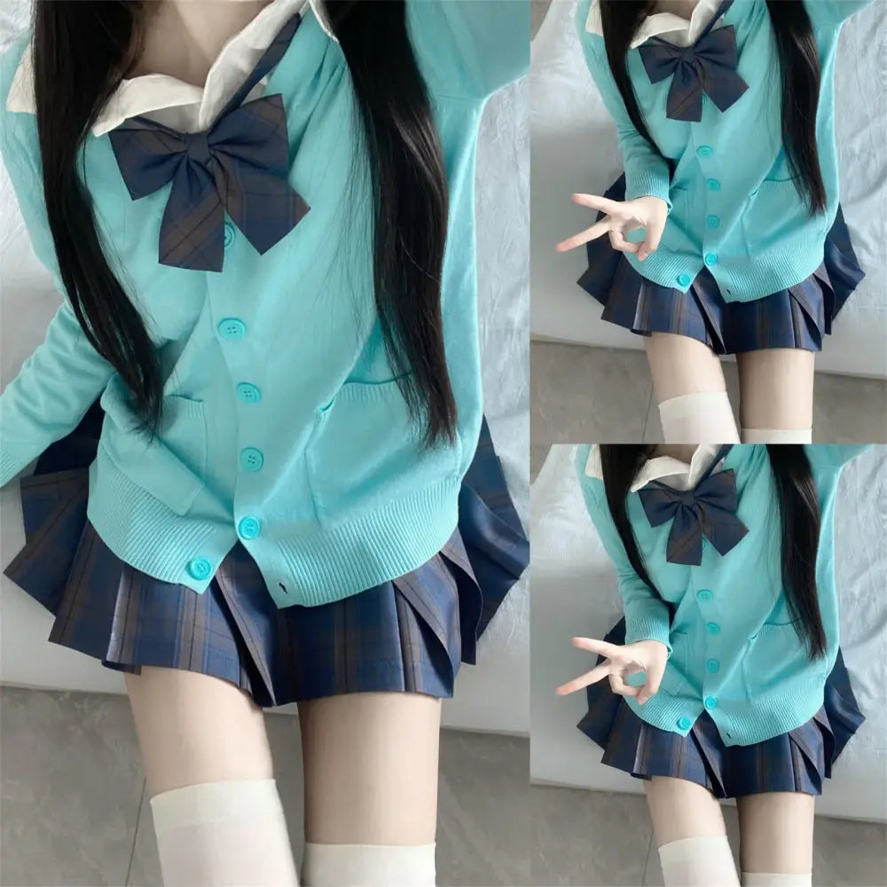 Aiertu 3Pc Set Japanese Korean School Uniforms Multicolor Sweater&Plaid Pleat Skirt with Bow Jk Uniform Suit Graduation Costumes Women Aiertu