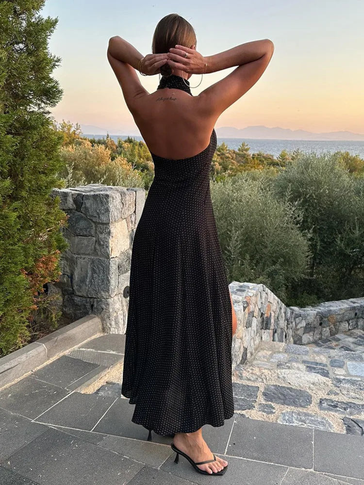 Aiertu  -  Elegant Sleeveless Shiny Polka Dot Bodycon Club Party Evening Dress For Women New Sexy Hollow Out Backless Slit Vestido Aiertu