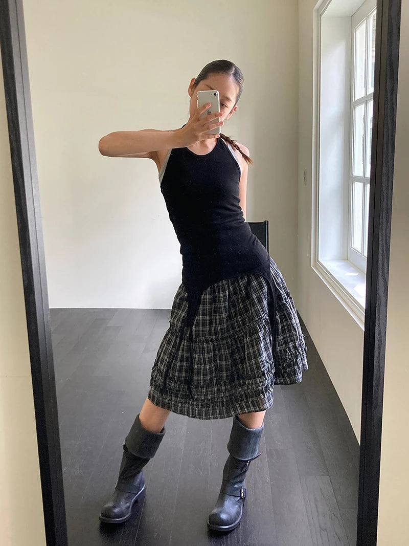 Aiertu  -  Vintage Plaid Mini Skirt Women Japanese Harajuku Ruffles Patchwork Black Skirts Summer High Waist Casual A Line Faldas New Aiertu