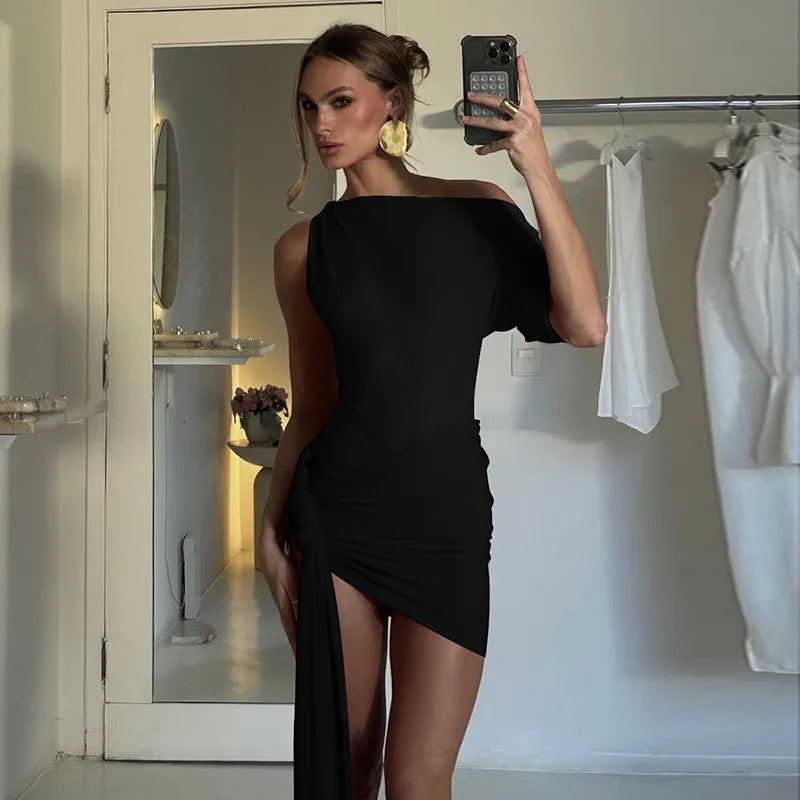 Aiertu  -  2025 Spring New Mini Dress Women's Sexy Slanted Collar Single Sleeve Tight Dress Irrgular Ribbon Party Ruched Dress Lady Aiertu