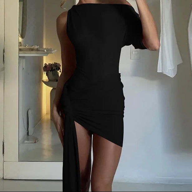 Aiertu  -  2025 Spring New Mini Dress Women's Sexy Slanted Collar Single Sleeve Tight Dress Irrgular Ribbon Party Ruched Dress Lady Aiertu