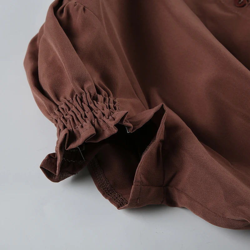 Aiertu  -  Fashion Chic Brown Summer Shirts Female Folds Slim-Waist Vintage Y2K Top Buttons Pleated Blouse Cropped Clothes Aiertu