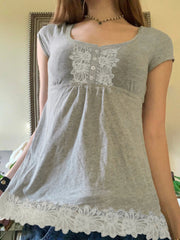 Aiertu  Cute Lace Trim Slim Simple T-Shirts Summer Sweet Basic All-Match Fashion Trendy Japanese Women’s Clothes Aiertu