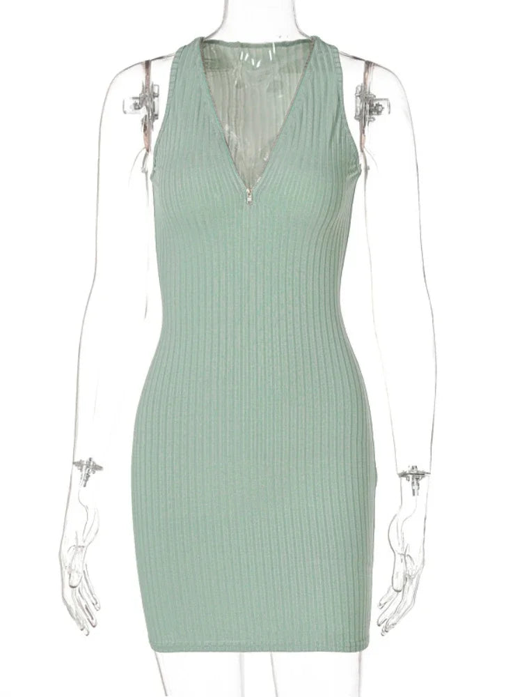 Aiertu Sexy Zipper Deep V Neck Rib Knitting Bodycon Dress Women Sleeveless Solid Color Skinny Mini Dress Elegant Club Party Vestidos Aiertu