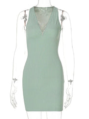 Aiertu Sexy Zipper Deep V Neck Rib Knitting Bodycon Dress Women Sleeveless Solid Color Skinny Mini Dress Elegant Club Party Vestidos Aiertu