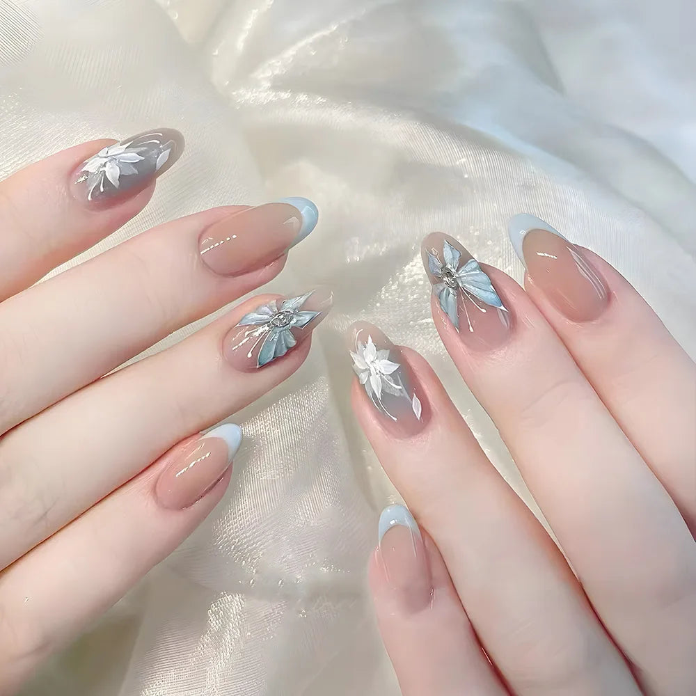 Aiertu  -  24pcs Simple Bow Fake Nails with Shiny Powder Design Long Almond False Nail Diamond Cat's Eye Full Cover Nail Tip Press on Nails Aiertu