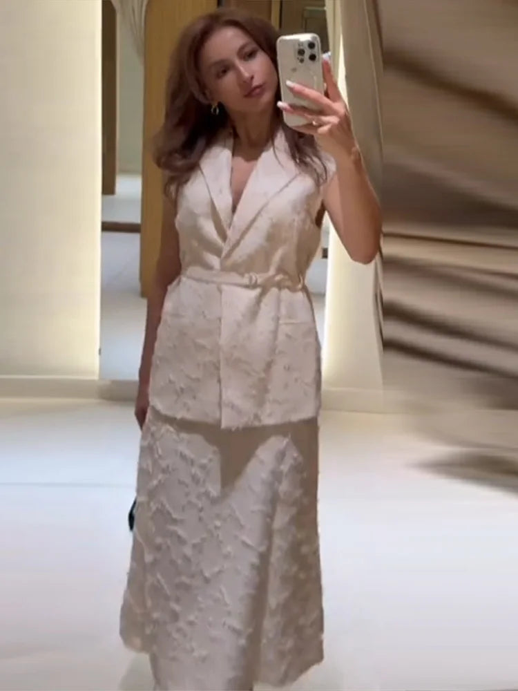Aiertu  -  Tassel Wear Vest Half Skirt Women 3-piece Set Lapel Tie Vest Round Neck Vest A-line Skirts 2025 Summer High Street Lady Suit Aiertu