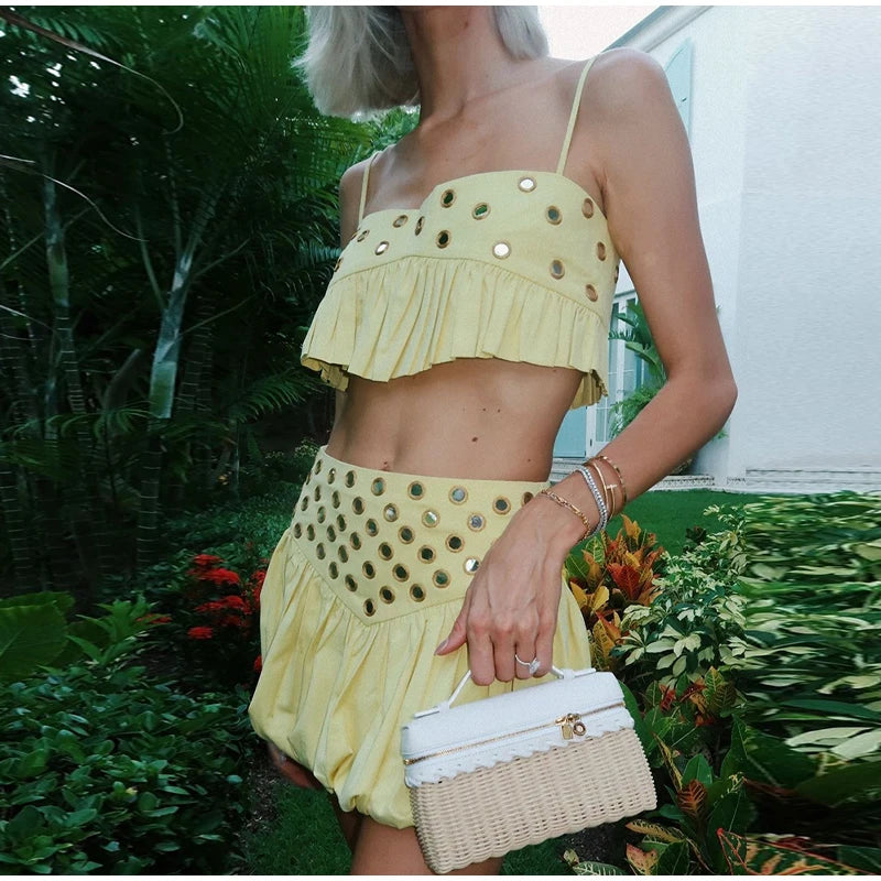 Aiertu  -  Fashion Sequin Skirt Set Women Sling Sleeveless Back Ruffle Hem Crop Tank High Waist Pleated A-line Mini Skirts Female Sets 2025 Aiertu