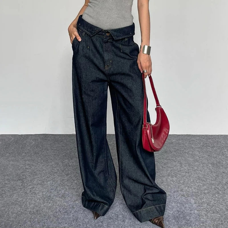 Aiertu  Stylish Y2K Fold Over Waist Baggy Jeans Dark Blue Vintage Casual High Street Loose Denim Straight Pants Elegant Lady Aiertu