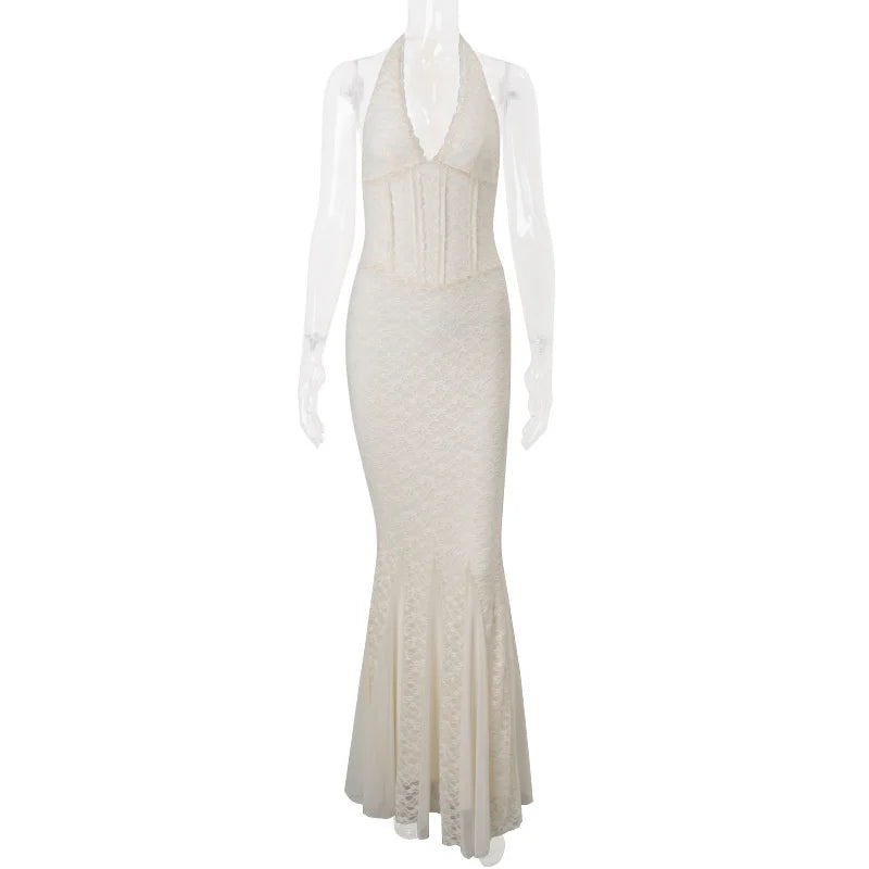 Aiertu  -  V-neck Halter Sexy Maxi Dress Women High Waist Sleeveless Patchwork Backless Lace-up Solid Sexy Summer Holiday Dress Aiertu