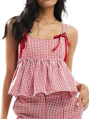 Aiertu  -  Y2k Tank Top Sleeveless Women Red Gingham Bow Tie Down Camisole Ruffle Hem Peplum Tops Summer Streetwear Aiertu
