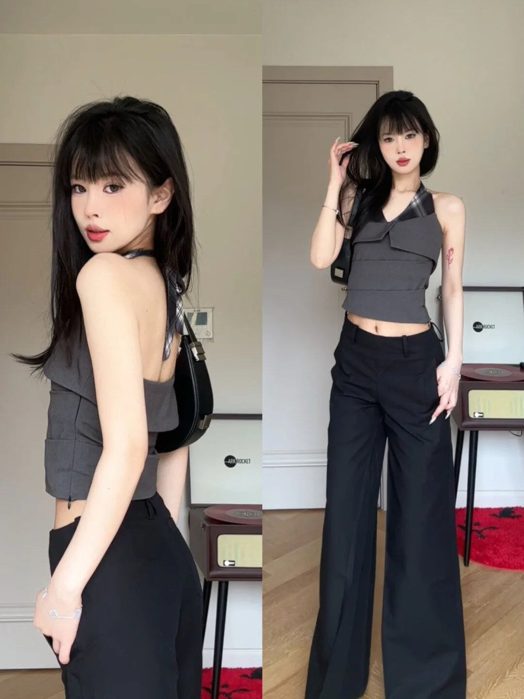 Aiertu  -  Fake Two Pieces Plaid Patchwork Halter Tanks Summer Y2k Aesthetic Slim Vintage Tank Top Streetwear Grunge Pleated Cropped Vest Aiertu