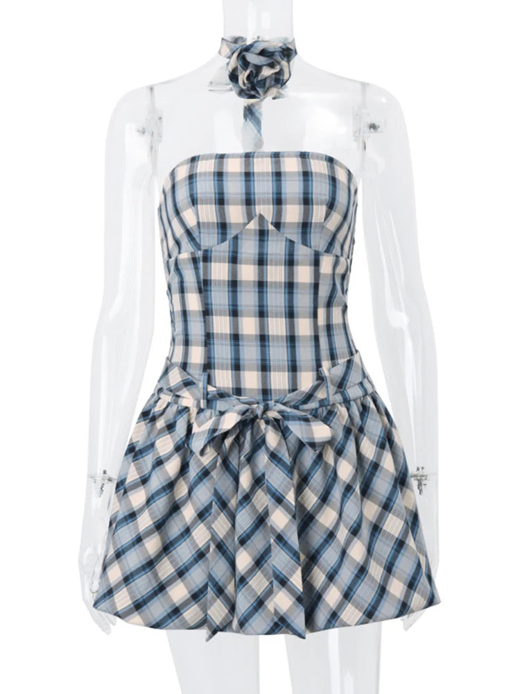 Aiertu  -  Fashion Retro Tube Top Floral Plaid Print Strap Bud Dress For Women Folds Hem Splice Mini Dress Sweet Party Dress Female Aiertu