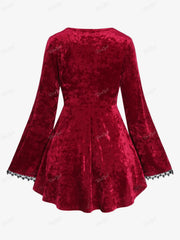 Aiertu  -  Plus Size Velvet Top Deep Red T-shirt Grommets Buckle Lace-up Rivet Lace Trim Flare Sleeve Tee For Women  New Arrive Aiertu