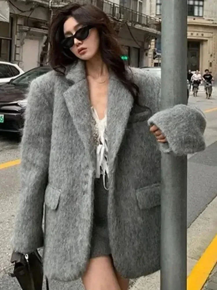 Aiertu  -  Loose Lapel Plush Jacket Female 2026 Autumn Winter New Warm Solid Button Long Sleeve Coat Office Lady Outwear Elegant Aiertu