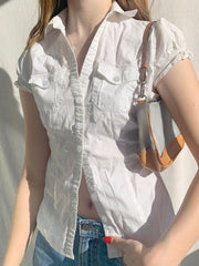 Aiertu - summer inspo Hot Single Breasted Puff Sleeve White Shirts For Women Button Turn Down Collar Pockets Simple Casual Safari Style Tops Aiertu