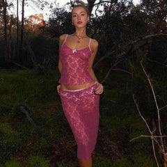 Aiertu  -  Two-Piece Set with Spaghetti Strap, Sleeveless Backless, Lace Slim Crop Top, Camisole, Hip Midi Skirt, Rose Red Aiertu