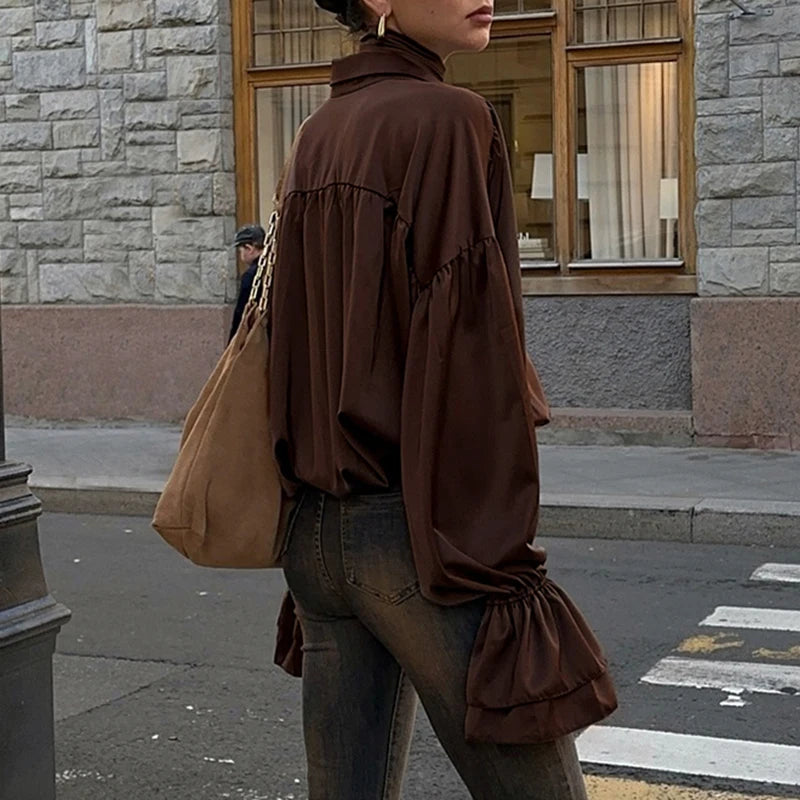 Aiertu  -  cold weather outfits Fashion Flare Sleeve Blouse Shirt with Scarf Y2K Women Vintage Brown Oversized T-shirt Casual Top Autumn Streetwear Aiertu