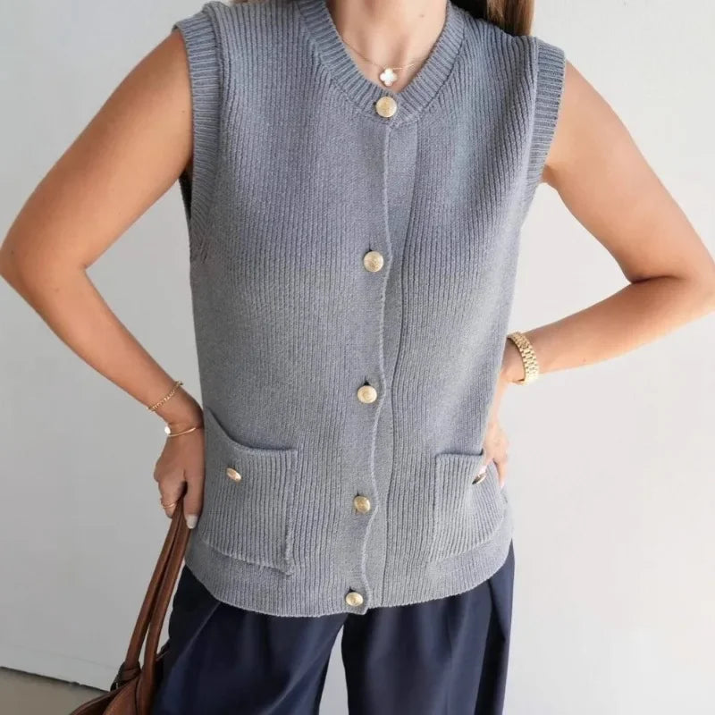 Aiertu  -  Trendix Vintage Knit Cardigan Vest Women Winter Fashion Sleeveless Button Pocket Tank Top Femme Solid Casual Knitwear Streetwear Aiertu