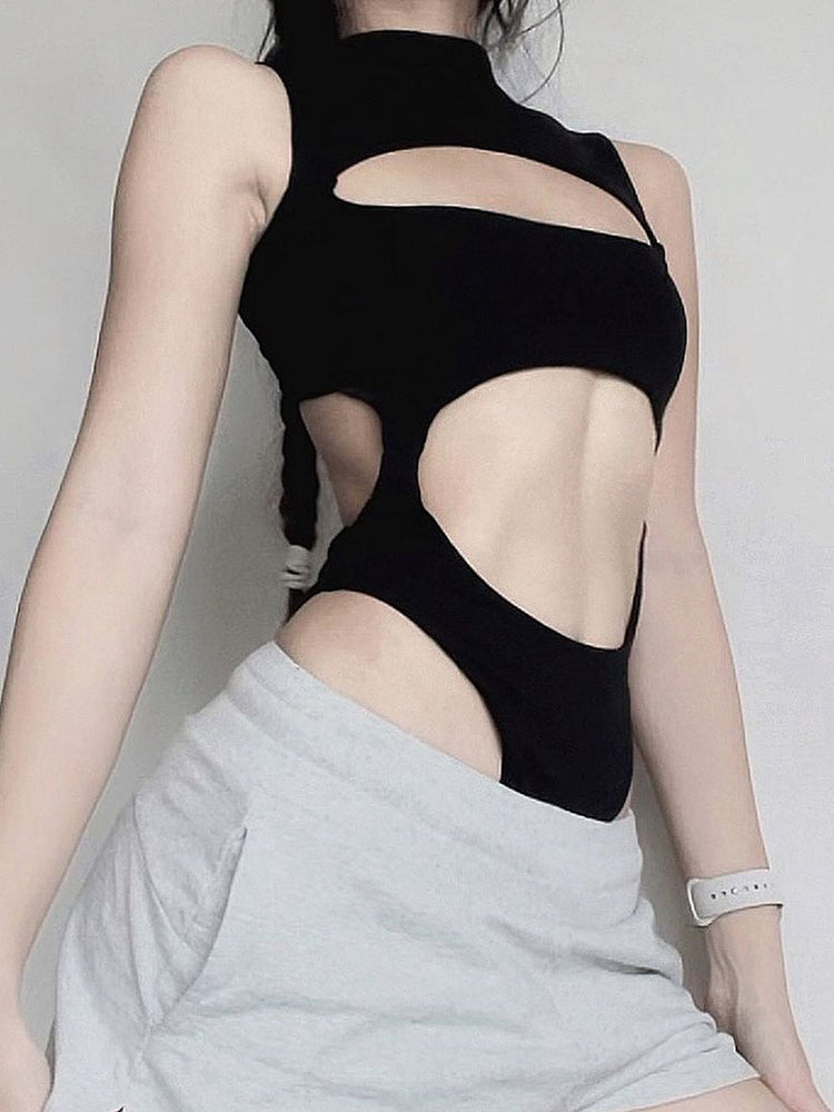 Aiertu - summer inspo Solid Cut Out Sleeveless Skinny Half High Collar Bodycon Bodysuit Women Aiertu
