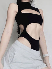 Aiertu - summer inspo Solid Cut Out Sleeveless Skinny Half High Collar Bodycon Bodysuit Women Aiertu