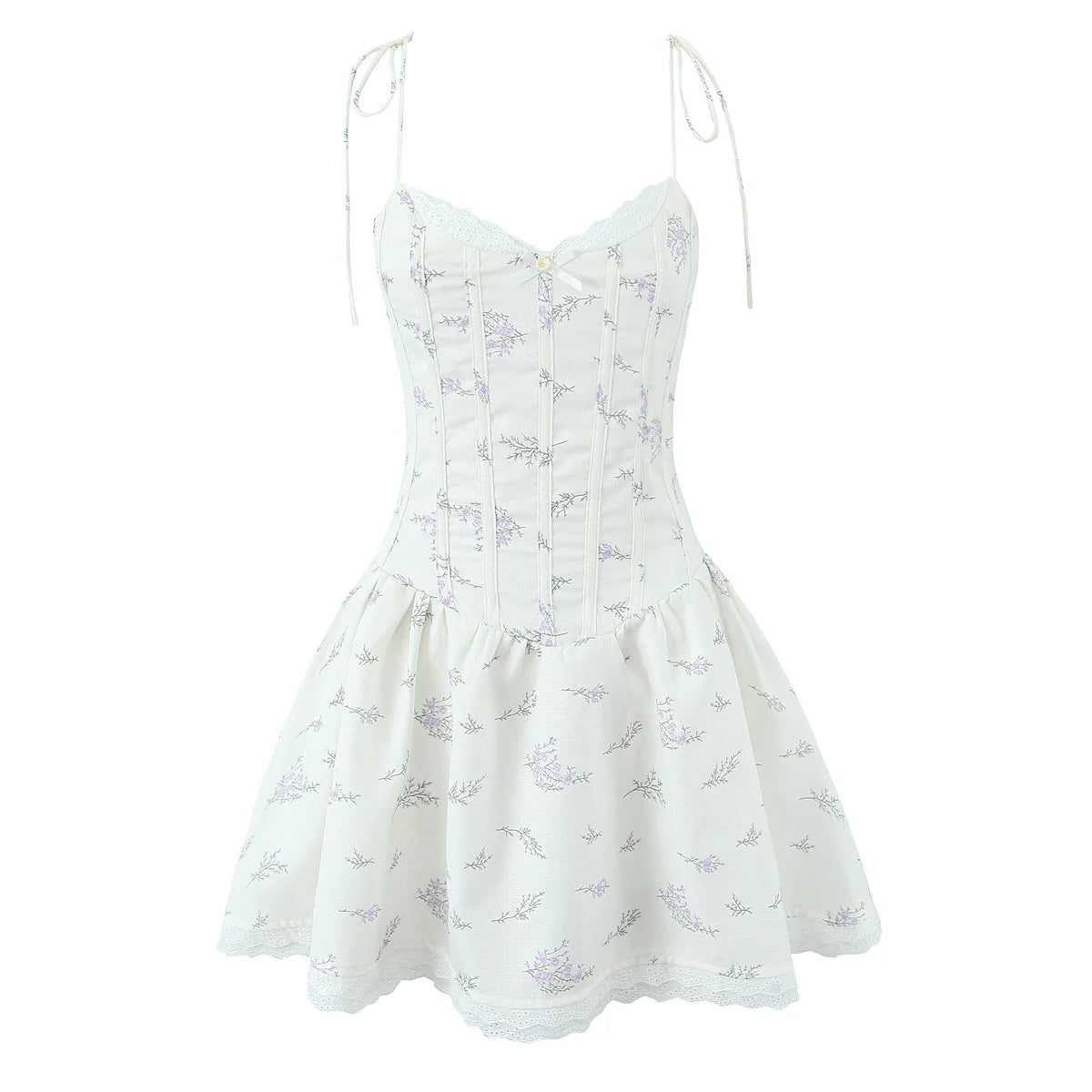 Aiertu  -  Sweet Girl Lace Spliced Floral Print Sexy Spaghetti Straps Dress Women V Neck Low Waist A-line Mini Summer Dresses Party Vestido Aiertu