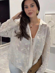 Aiertu  -  Chic Jacquard Button Up Women's Cardigan Loose Lace Long Sleeved Lapel Shirt 2026 Spring Summer Commuting Casual Lady Blouse Aiertu