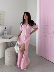 Aiertu  Yellow Knit Single Breasted Dress Women Summer Puff Short Sleeves Long Dresses Female 2025 Loose Turndown Collar Lady Robe Aiertu