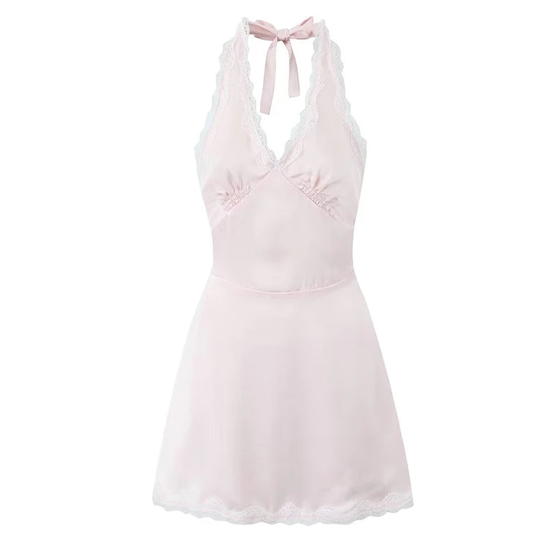 Aiertu  -  Sexy Backless Lace Patchwork Halter Dress For Women A-line Mini Holiday Summer Dresses French Style Polka Dot Short Robe Aiertu