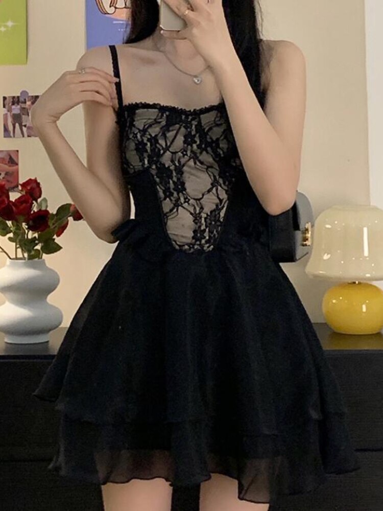 Aiertu Summer Black Chic Dress Women Lace Patchwork Sexy Party Mini Dresses Female Designer Korean Fashion Fluffy Elegant Dresses 2025 Aiertu