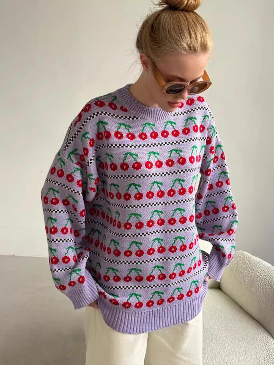 Aiertu  -  Women's Round Neck Cherry Printed Sweater Autumn Winter New Mid Length Fashion Top Retro Knitted Sweater Pullover Aiertu