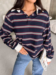 Aiertu  -  2025 Spring New Striped Contrast T-shirt Women Buttons Turndown Collar Long Sleeve T-shirts Vintage Casual Fashion Top Tee Shirt Aiertu