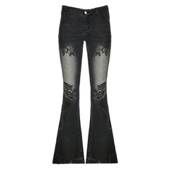 Aiertu  -  Vintage Plant Print Washed Low Waist Flared Jeans Y2K Fashion Aesthetic Slim Fit Graphic Denim Trousers High Street Aiertu
