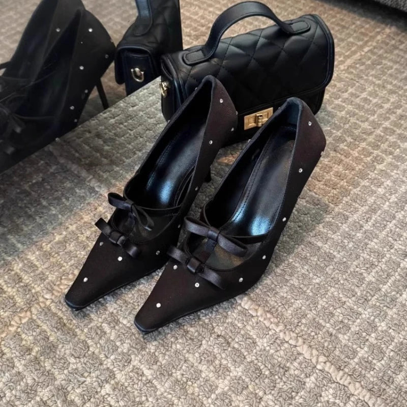 Aiertu    -  New Thin Heel Shallow Mouth Single Shoes Banquet Fashion Bow Pointed Water Diamond Silk High Heels Aiertu
