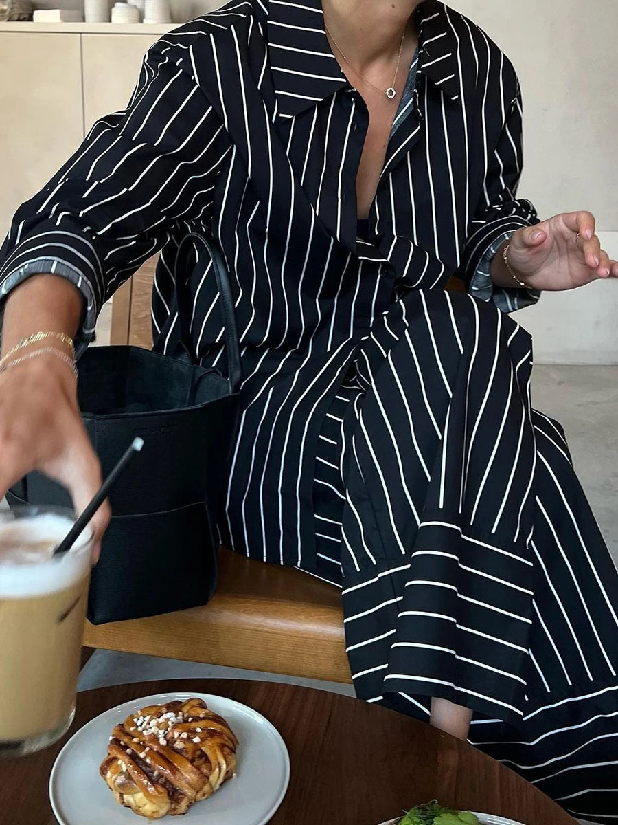 Aiertu  -  Black Striped Pants Sets Women Spring Single Breasted Long Sleeve Blouse+Wide Trouser Suits Elegant Casual Fashion 2 Piece Set Aiertu