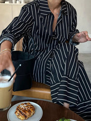 Aiertu  -  Black Striped Pants Sets Women Spring Single Breasted Long Sleeve Blouse+Wide Trouser Suits Elegant Casual Fashion 2 Piece Set Aiertu