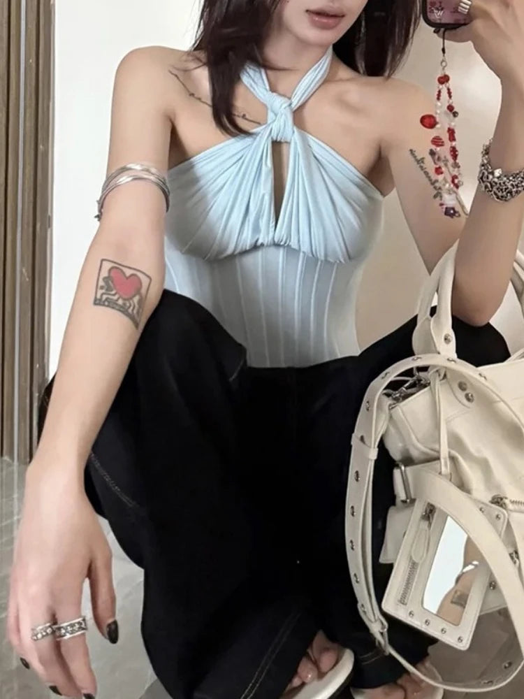 Aiertu  -  Y2k Aesthetic Halter Bandage Pleated Tank Top Women Streetwear Backless Bodycon Tanks 2026 Summer Sexy Grunge Cropped Camisole Aiertu