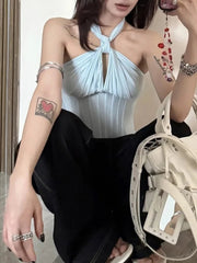 Aiertu  -  Y2k Aesthetic Halter Bandage Pleated Tank Top Women Streetwear Backless Bodycon Tanks 2026 Summer Sexy Grunge Cropped Camisole Aiertu