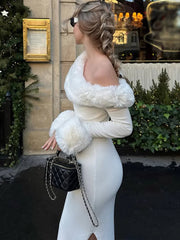 Aiertu  -  Fluffy Winter Slim Maxi Dress Female High Waist Long Sleeve Sexy Off-Shoulder Patchwork Bodycon Dress Ladies Party Dress Aiertu