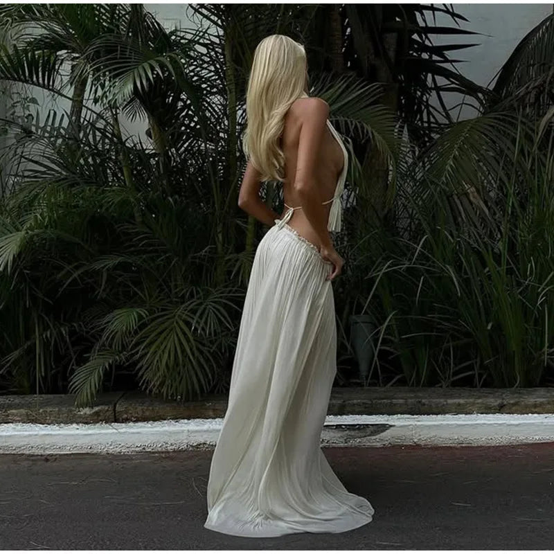 Aiertu  -  Fashion Pleated Long Skirts Set Women Sexy Sleeveless Backless Halter Tops High Waist Mermaid Skirt Vacation Beach 2 Pieces Sets Aiertu