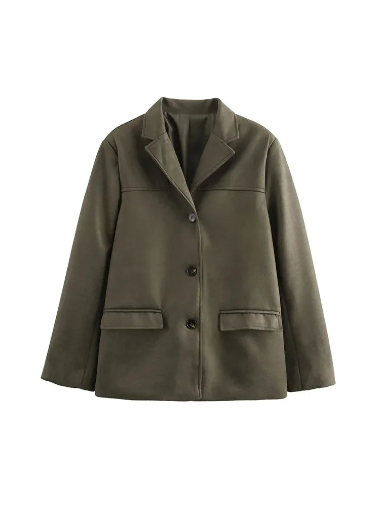 Aiertu  -  Women Fashion With Pockets Solid Single Breasted Blazer Vintage Notched Neck Long Sleeves Female Chic Lady Outfits Aiertu