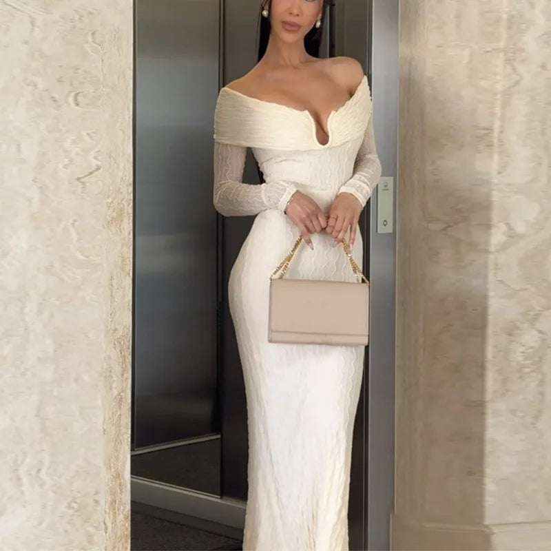 Aiertu  -  party look snspos Elegant Off Shoulder Long Dress Women's Solid Sexy Hollow Party Evening Gown Slim Long Sleeve Patchwork Long Dress Y2k Aiertu
