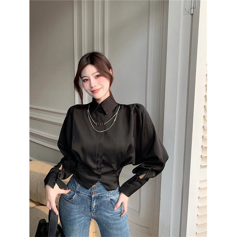 Aiertu Elegant Cropped White Shirts Women Korean Fashion Black Batwing Long Sleeve Blouses Office Ladies Basic Chic Tunic Tops Aiertu