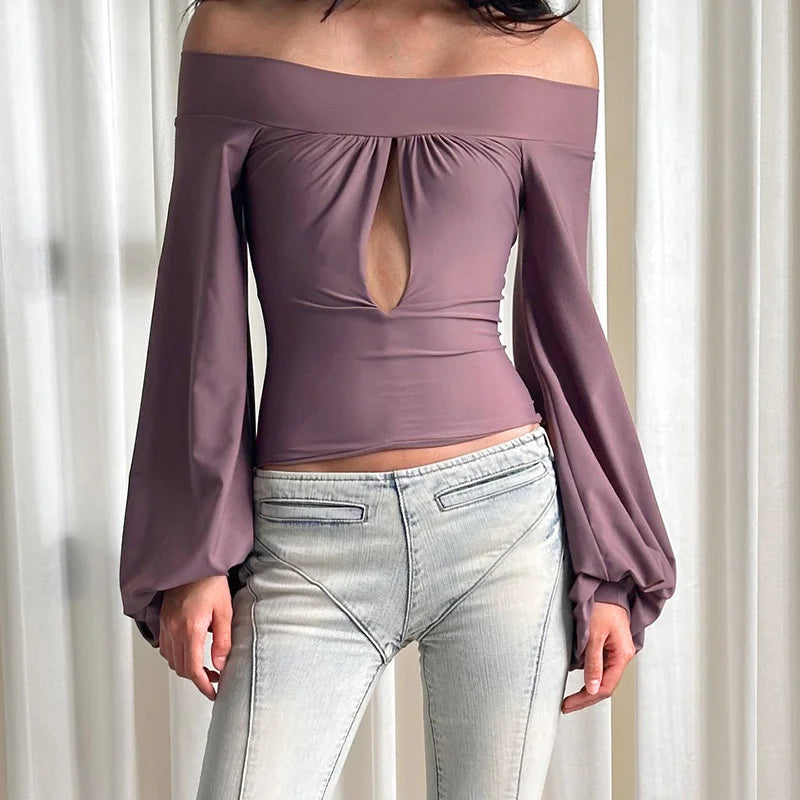 Aiertu  -  Off-Shoulder Slim Sexy T-shirt Tops Hollow Out Long Sleeve Patchwork Solid Fashion Elegant New Fema T-shirt Tops 2025 Aiertu
