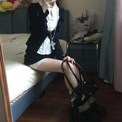 Aiertu  -  French Sweet Cool Harajuku Popular 3 Piece Sets Y2k Exquisite Draped White Blouse Black Cardigan Japan Punk Streetwear Skirts Aiertu