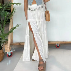 Aiertu  -  Sexy Hollow Patchwork Beach Long Skirt Lace Design Jacquard Holiday Women's Skirt Casual Elastic High Waist Pleated Split Skirt Aiertu