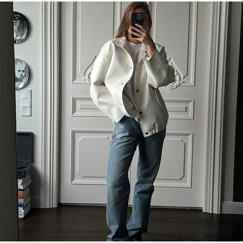 Aiertu  -  Street Women's White Leather Jacket Casual Stand Collar Single Breasted Long Sleeve Female Coat Autumn Lady Elegant Outwear Aiertu