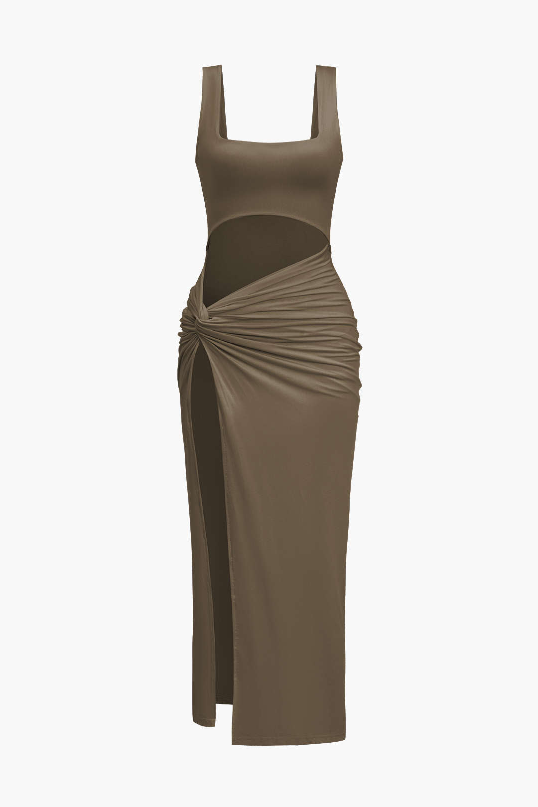Aiertu  Solid Twist Front Cut Out Slit Midi Dress Aiertu