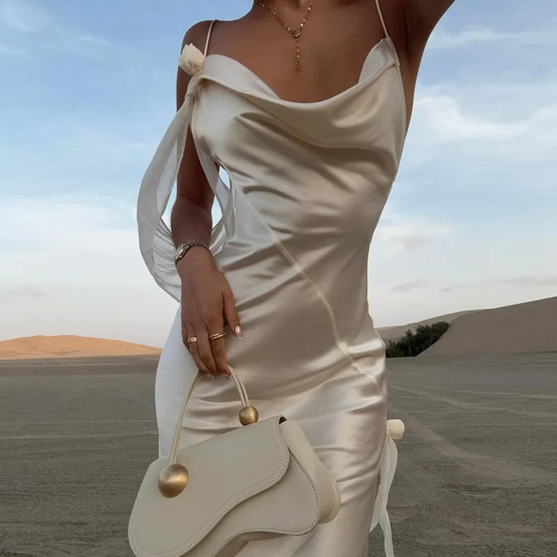 Aiertu  -  White Satin Backless Long Dress Women Sexy SleevelessTassels Flower Decor Bodycon Robes 2025 Elegant Holiday Party Maxi Dresses Aiertu