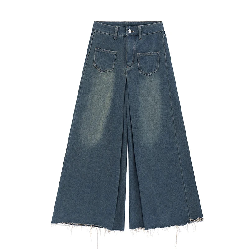 Aiertu  -  Denim Elephant Wide Leg Pants Women High Waist Solid Distressed Pleated Frayed Casual Baggy Jeans Vintage Streetwear Aiertu